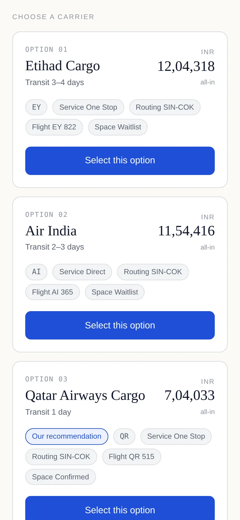 An air freight quotation on a phone: three carrier options, Etihad Cargo, Air India and Qatar Airways Cargo, each with transit time, flight, space status, all-in price and a Select this option button