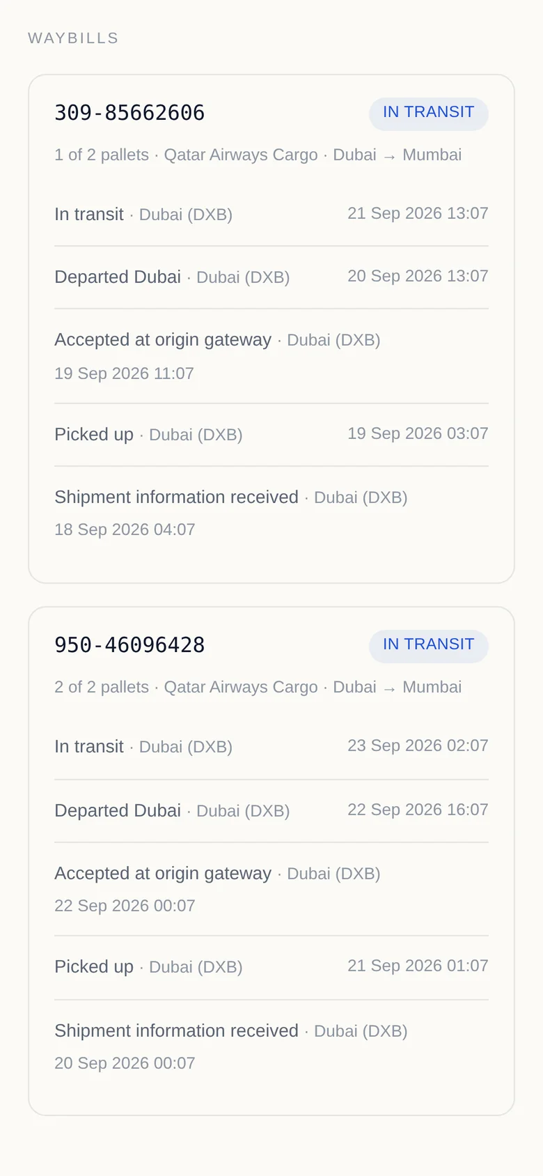 The customer's tracking page on a phone: two waybills in transit, each with its checkpoints and times