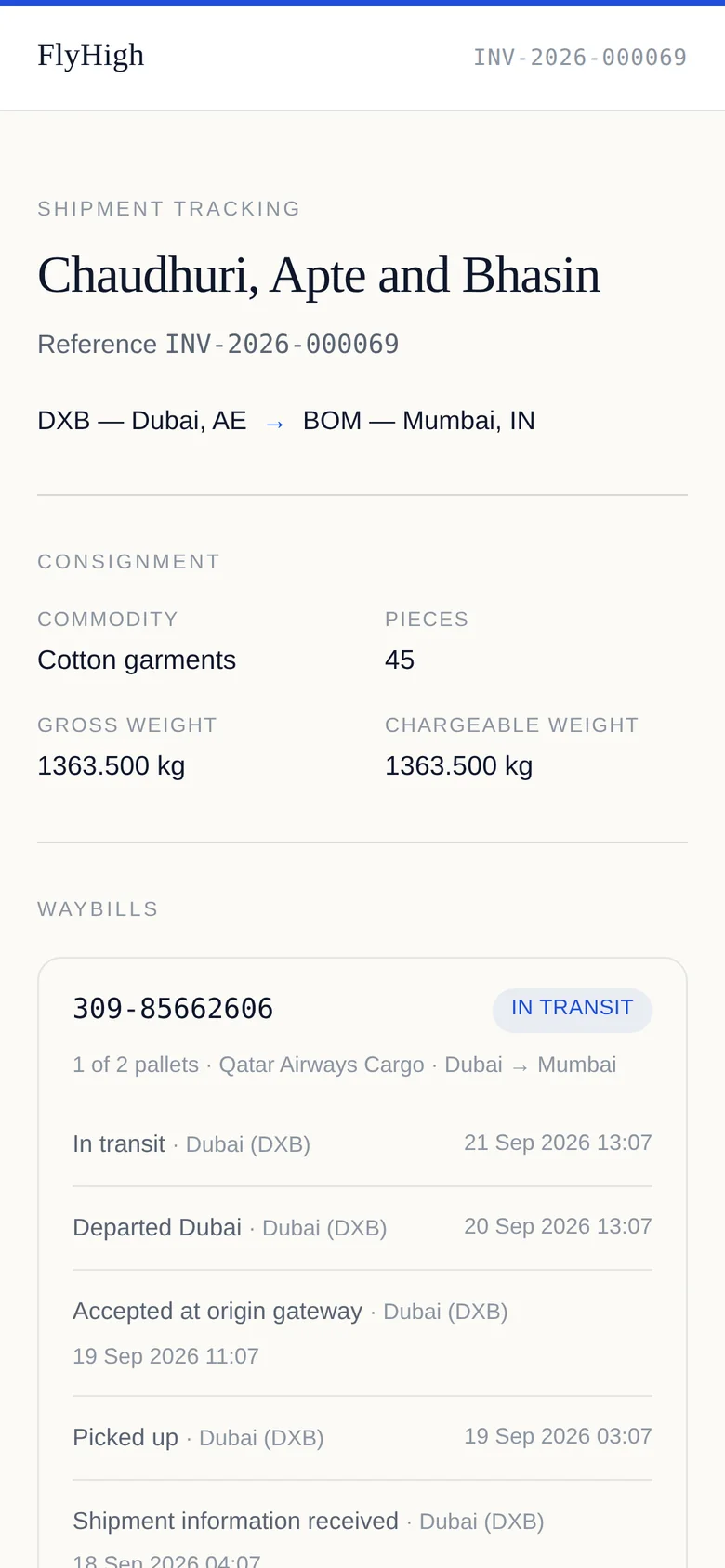 The customer's shipment tracking page on a phone: consignee, route Dubai to Mumbai, consignment details and waybills