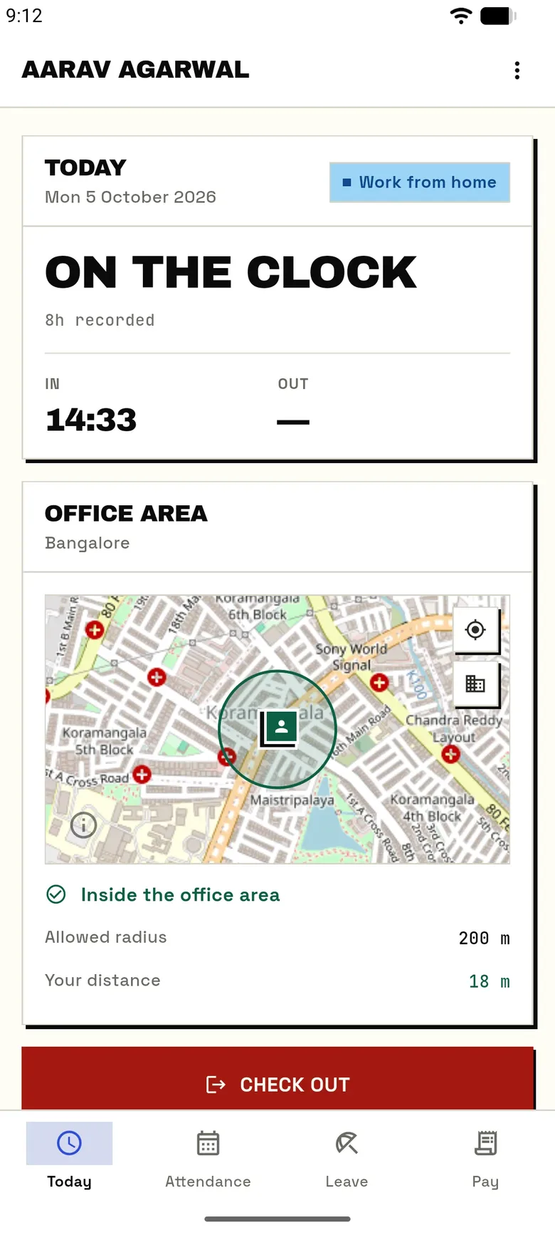 The ZivoHR phone app on the clock: checked in at 14:33, inside the Bangalore office's 200 metre geofence