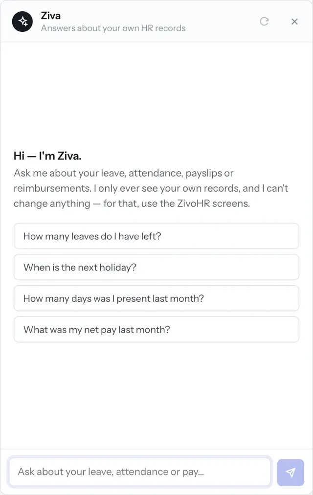 Ziva, the assistant, offering to answer how many leaves are left, when the next holiday is, days present last month and last month's net pay